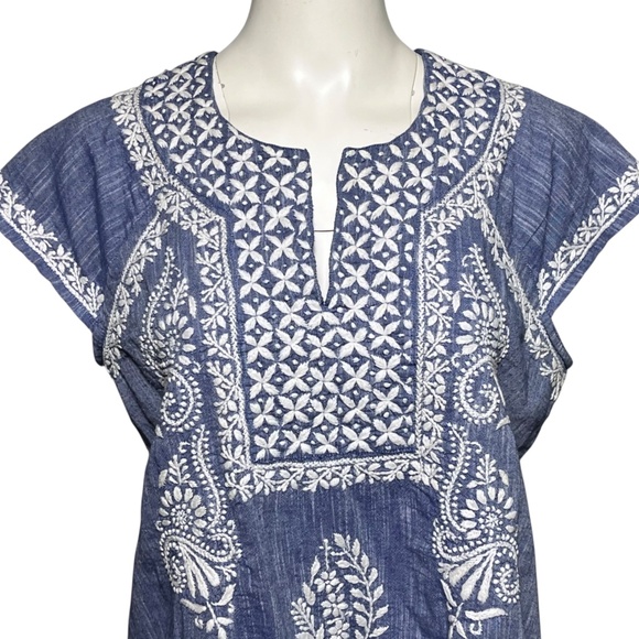 Roberta Roller Rabbit Women XL Blue Chambray Tunic Top Embroidered Shirt Popover - Picture 4 of 9